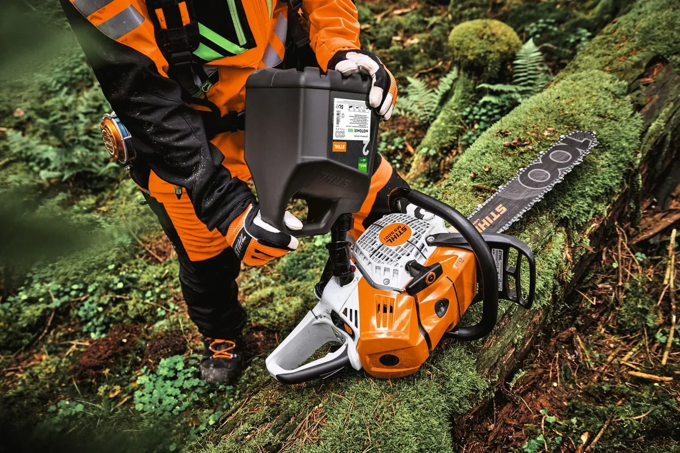 Forestry worker starting a Stihl chainsaw in coastal rainforest